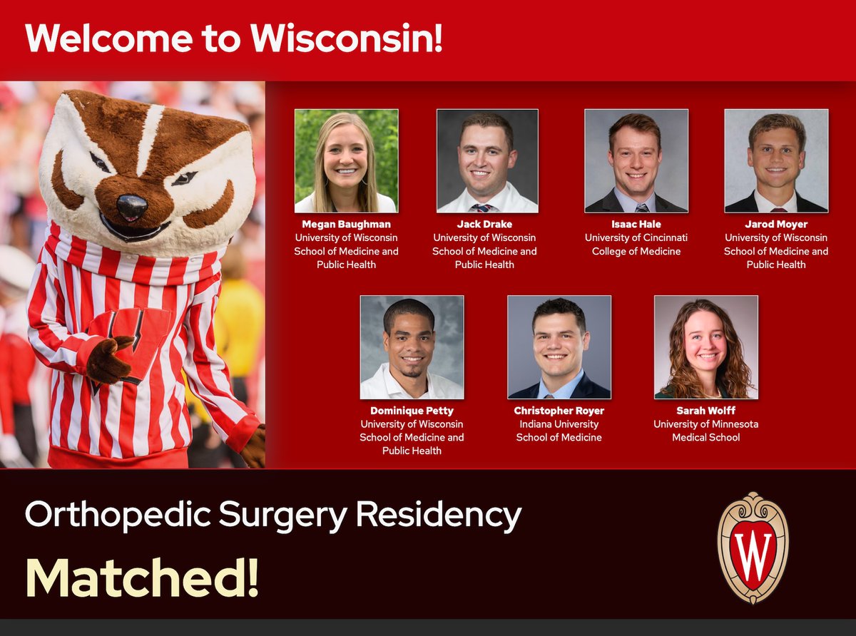 wiscorthopedics's tweet photo. Please join us in welcoming our newest class of exceptional Orthopedic Surgery residents to the @UWSMPH #Orthopedics family. We’re excited to have you on the team! #MatchDay2026 #Match2026 #OrthoMatch @Inside_TheMatch https://t.co/kdbakUkgxA