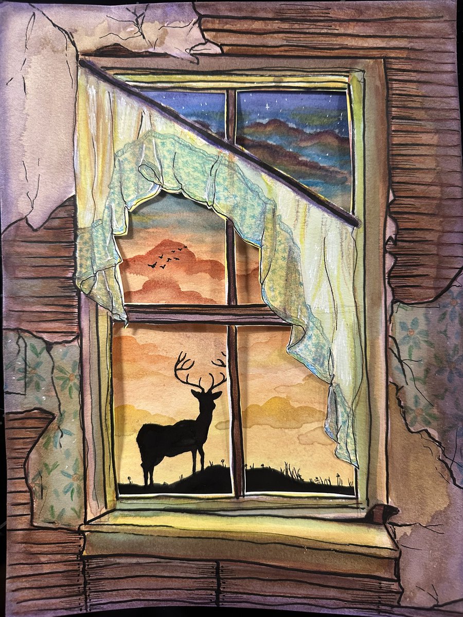 graciieblue's tweet photo. The world can be pretty ugly, but it’s always a good reminder to try to find the beauty in it. 🦌 🌅 

Watercolor, colored pencil &amp; pen on paper. https://t.co/wBcTQ9BuYz