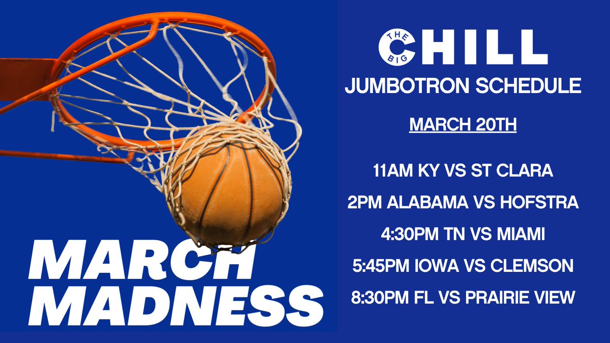 March Madness at The Big Chill!🏀 We'll be sharing the jumbotron schedule daily, all games will be shown on the TVs under the pavilion! 

#thebigchill30a #marchmadness #watchparty #30a #30aevents #30alife