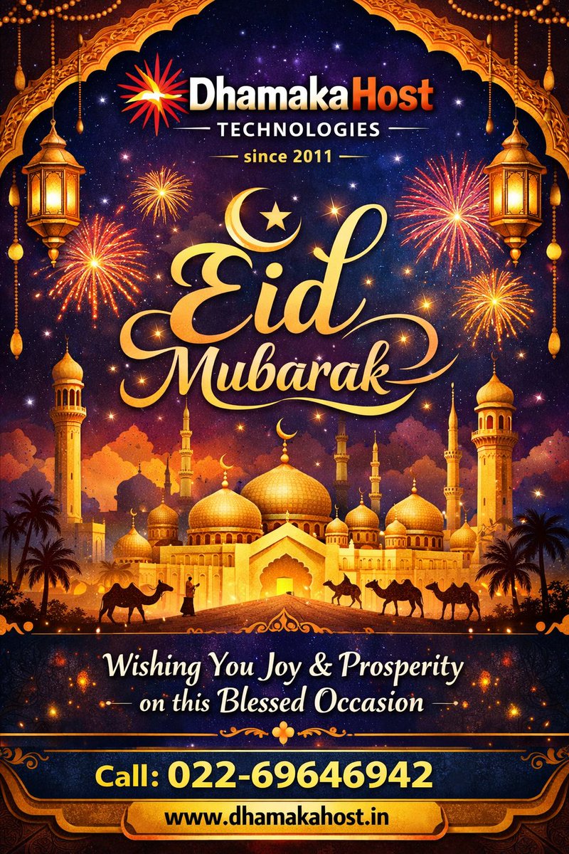 DhamakaHost's tweet photo. ✨🌙 Eid Mubarak! 🌙✨
May this blessed occasion bring happiness, peace &amp; prosperity to you and your loved ones. 🤍

From DhamakaHost Technologies (Since 2011)
📞 022-69646942
🌐 https://t.co/eZMgqpKs1g

#EidMubarak #FestiveVibes #DhamakaHost #Celebration https://t.co/Jk3mrYwhI7