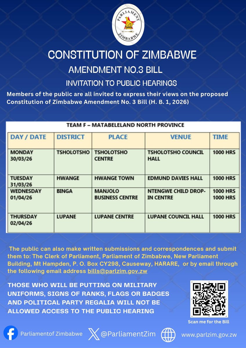 Attention Matabeleland North, Matabeleland South &amp; Midlands!  
Big news: Public Hearings on the Constitution of Zimbabwe Amendment No.3 Bill are coming to your provinces!  Check the dates, mark your calendars, and don’t miss out!