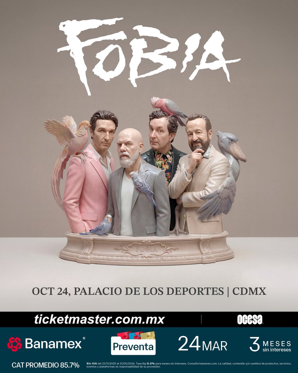 🚨 Fobia regresa a los escenarios 🚨
Después de años de espera, la banda anuncia gira por México 🎸
📍 GDL – Auditorio Telmex | 21 de mayo
📍 MTY – Auditorio Banamex | 23 de mayo
📍 CDMX – Palacio de los Deportes | 24 de octubre
🎟️ #PreventaBanamex: 24 de marzo
🎫 Venta general: