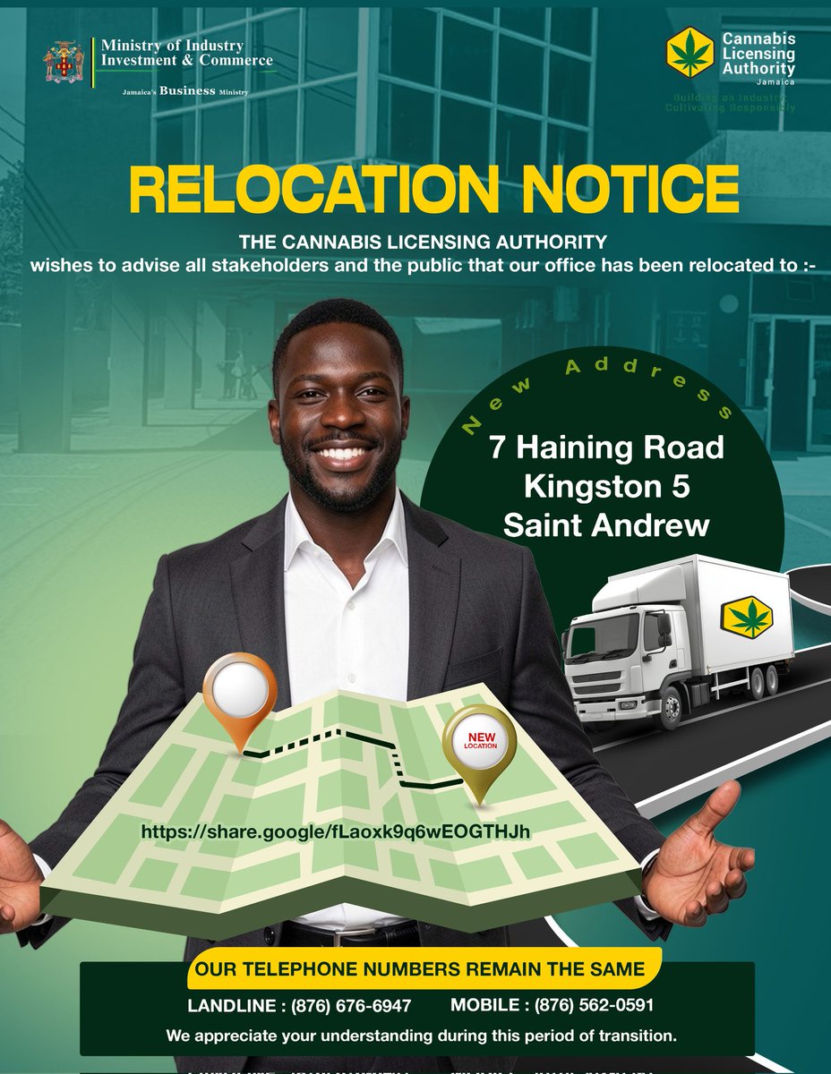 📍 We’ve Relocated! 

The Cannabis Licensing Authority is now at 7 Haining Road, Kingston 5—still dedicated to shaping the future of cannabis in Jamaica!

maps.app.goo.gl/TPNrHRKKXUuPEQ…