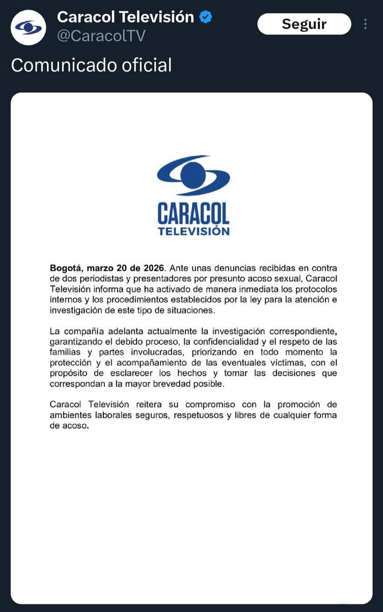 ¿Cómo la ven? En esa cloaca que es <a href="/NoticiasCaracol/">Noticias Caracol</a> tenemos de todo:
terroristas digitales, mentirosos, perfiladores y ahora, para completar el combo, acosadores sexuales.
¿Por qué será que no me sorprende nada de estos miserables 😏