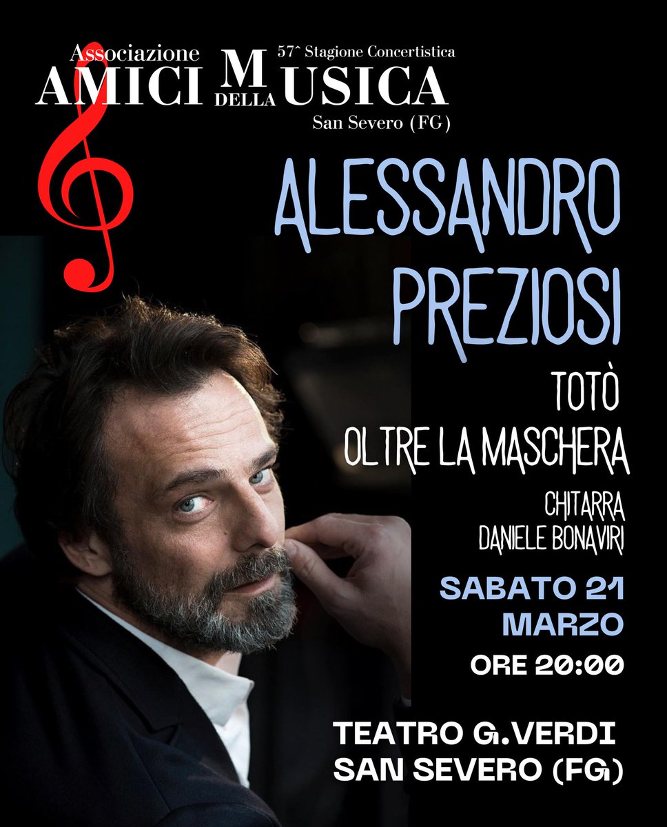 fanpageAP's tweet photo. #AlessandroPreziosi a #SanSevero
con: Totò oltre la maschera 📷

Alla chitarra: Daniele Bonaviri 📷

Sabato 21 Marzo 2026
Porta ore 20.00 inizio 20.30
Teatro “G. Verdi” - San Severo
Info e Prenotazioni:
329 12 86 673
348 66 28 775

 #fogglia #sansavero #puglia #teatrosansevero https://t.co/hnaL7gWaNj
