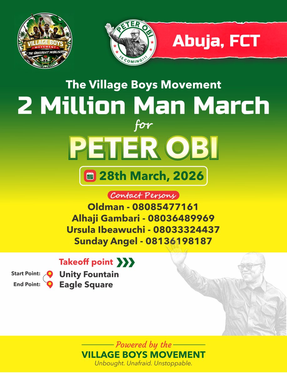 AbujaCommunity's tweet image. Eid Mubarak Abuja.
Have you seen Village Boys Movement flyer? They said they will be out on 28th March for Peter Obi.
#AbujaCommunity
