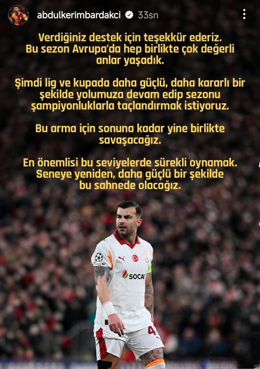 💬 Abdülkerim Bardakcı: 
"En önemlisi bu seviyelerde sürekli oynamak. Seneye daha güçlü döneceğiz. Şimdi lig ve kupada şampiyonluklar peşindeyiz."