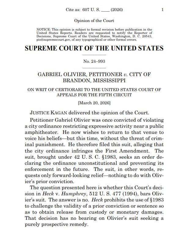 The only #SCOTUS opinion is in Olivier v. City of Brandon, where a unanimous Supreme Court says a street preacher convicted of violating the city's rule about public protests can challenge the constitutionality of the law to avoid future convictions.
supremecourt.gov/opinions/25pdf…