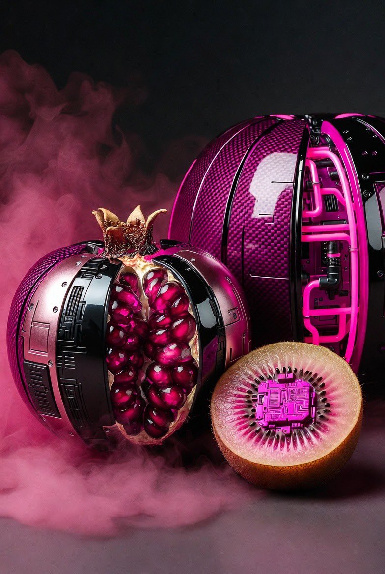 QT Fruits 💖

My type of fruit: 1) expensive 2) pink 3) with a motherboard inside💞

#Cyberpunk #Synthwave #PinkAesthetic #FuturisticArt #MechanicalFruits #NeonVibes