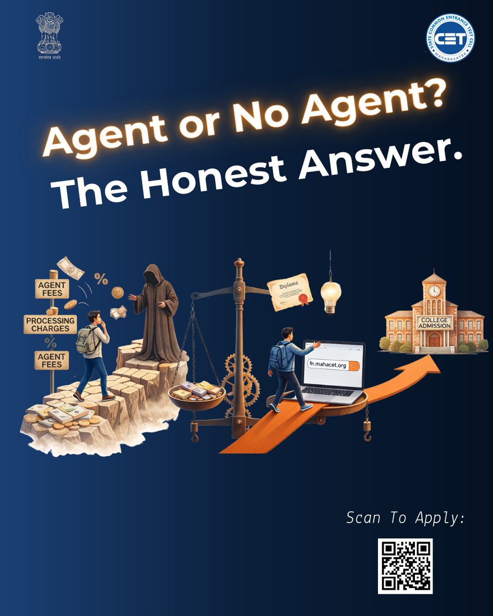 study_in_maha's tweet image. Skip agents! 
Apply to Maharashtra colleges via official portal fn.mahacet.org 

The ONLY Official Fees:
💰 USD 50 (Eligibility) + USD 1,150 (Processing) These go directly to the CET Cell, NOT to any agent.

#studyinmaharashtra #mahacet #statecetcell #studentlife #mumbai