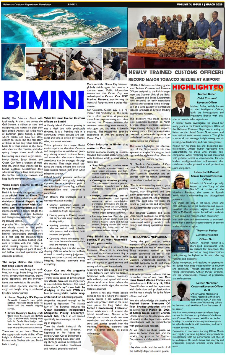 The 3rd Edition of the Bahamas Customs Newsletter (March 2026) is officially here! 🚢🇧🇸

Catch up on the latest departmental news, policy updates, and more.

📥 Download your copy via our website under "Latest News": bahamascustoms.gov.bs

#Bahamas #Customs #NewsUpdate #Trade