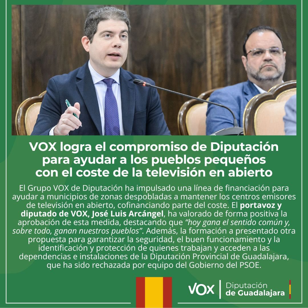 🟢 VOX logra el compromiso de Diputación para ayudar a los pueblos pequeños con el coste de la televisión en abierto

🗣️ <a href="/JoseLArcangel/">José Luis Arcángel</a> y <a href="/VictorJMorejon/">Víctor Morejón</a> 

👉 voxespana.es/noticias/vox-l…