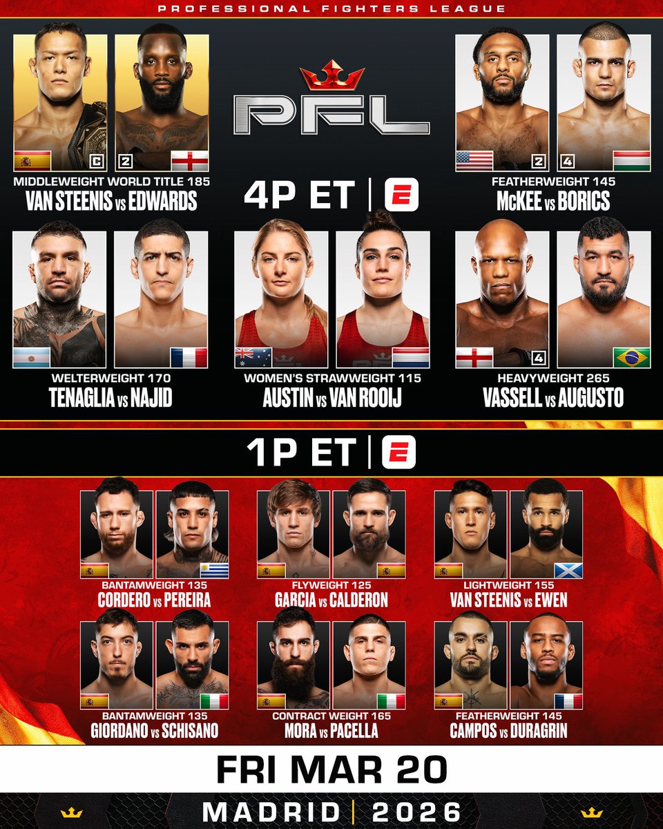 mma_orbit's tweet image. ‼️ #PFLMadrid Fight Day ‼️

The PFL make their debut in Madrid, Spain tonight with a middleweight title main event rematch between champion Costello Van Steenis and Fabian Edwards. 👀🔥