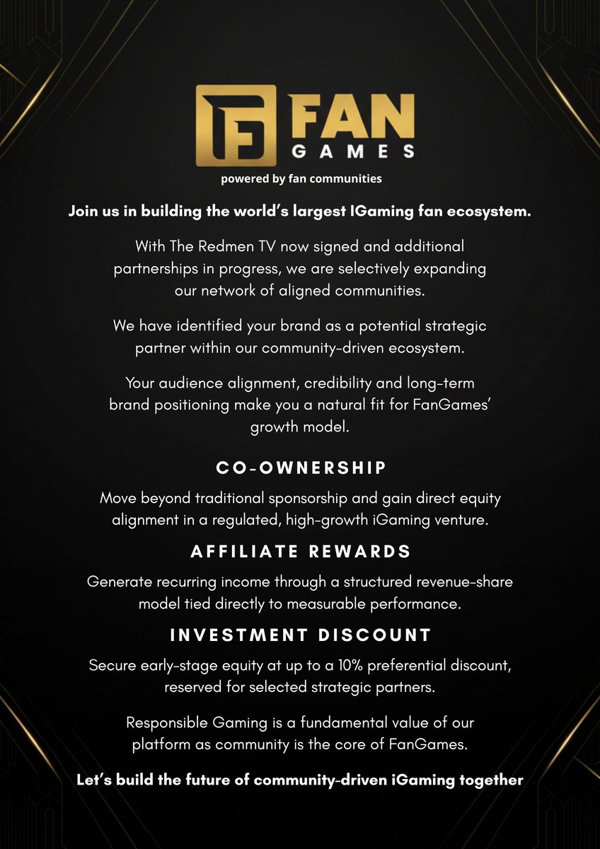 FanGamesBet's tweet photo. FanGames is expanding its global fan ecosystem.

Co-ownership. Affiliate rewards. Strategic investment alignment.

Let’s build the future of community-driven iGaming together.

#FanGames #iGaming https://t.co/nQRePQYc7g