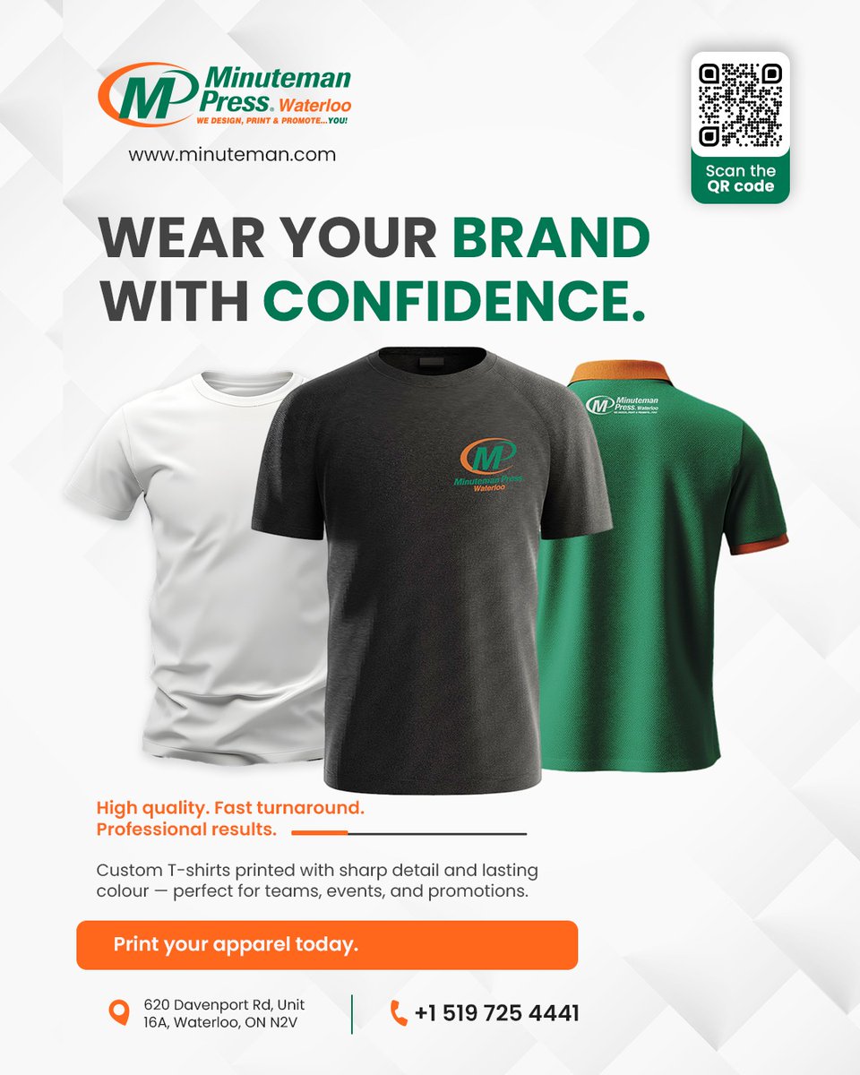 MMP_Waterloo's tweet image. Wear your brand with confidence with custom apparel by Minuteman Press Waterloo—designed to look sharp and last.

[ Minuteman Press, Custom Tshirts, Branded Apparel, Print With Confidence ]
#BusinessBranding #WaterlooON #TeamWear #PrintMarketing