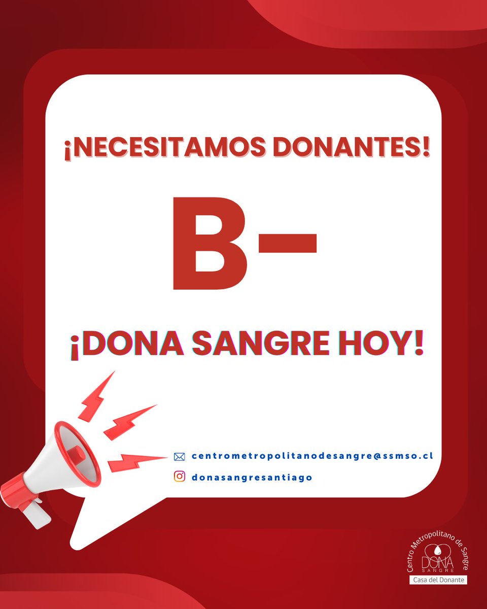 DonaSangreStgo's tweet photo. ¡Necesitamos de donantes del grupo B -!😥👇
¡Agenda tu hora y ayúdanos!
Te esperamos en la #casadeldonante (av. Vitacura 0115, Providencia)🙌 https://t.co/whf81t81gR