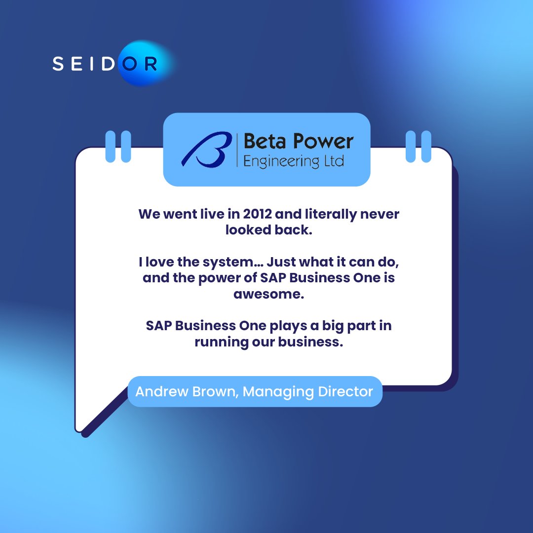 SeidorIreland's tweet photo. Long-term ERP partnerships drive lasting success.

Beta Power celebrates 10 years with SAP Business One, gaining visibility, streamlined processes and a scalable platform for growth.

Read the full case study: https://t.co/IkcZKT3WS4 https://t.co/NW0bgQkOCJ