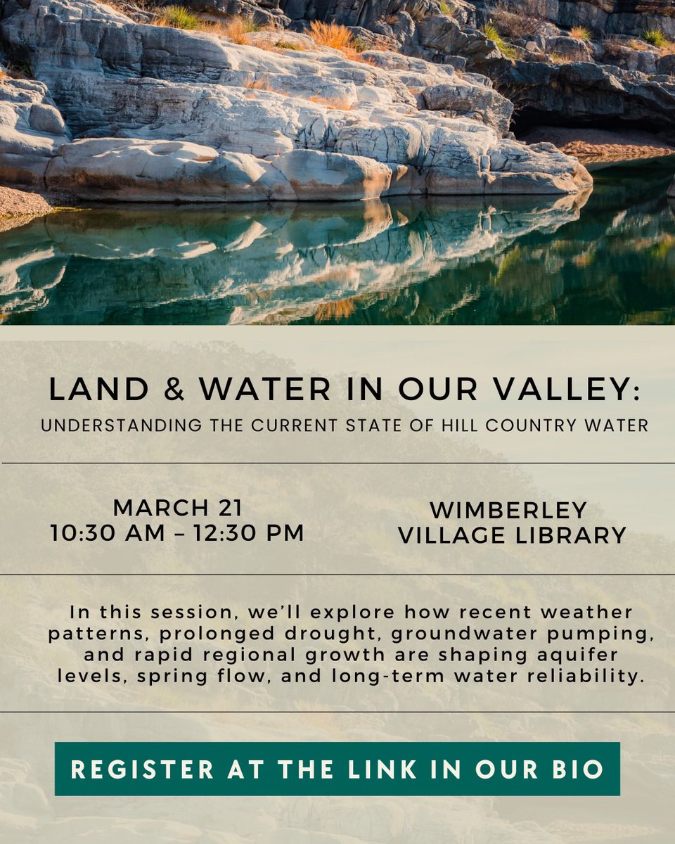 We are excited to see you tomorrow at the Wimberley Village Library! 

💧This offering will share the current reality of water in the Hill Country, from drought conditions &amp; aquifer health to the fragile thresholds that sustain our springs.

💧Visit the link in our bio to RSVP