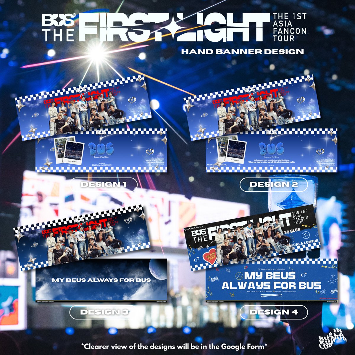 Apa Khabar, BEUS!

✧ BUS THE 1ST ASIA FANCON TOUR: THE FIRST LIGHT IN KUALA LUMPUR ✧ HAND BANNER VOTING

All BEUS are invited to choose the design that you think will capture the hearts of BUS Because of You I Shine ✨💙

Link: forms.gle/boGU6yVteYFgtB…
Closing date: 27/03/2026 @