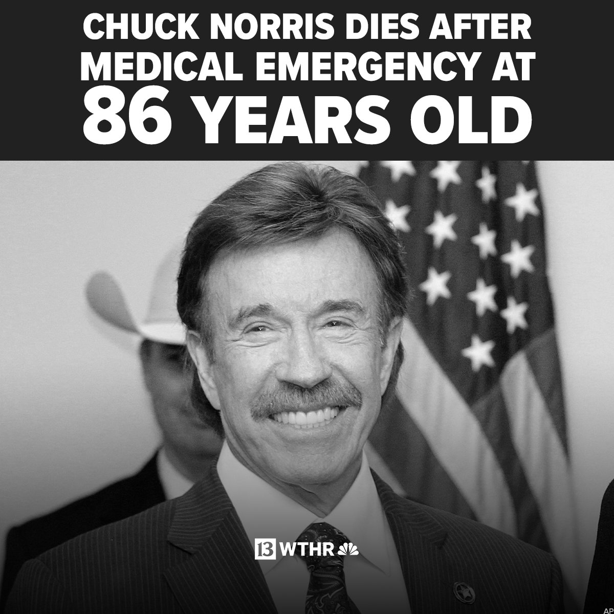WTHRcom's tweet photo. Legendary actor Chuck Norris has died after being hospitalized in Hawaii following a medical emergency.
 
Here's what we know: https://t.co/TbzZRaqRMS 
 
(📸: AP) https://t.co/kDaXwFE0AI