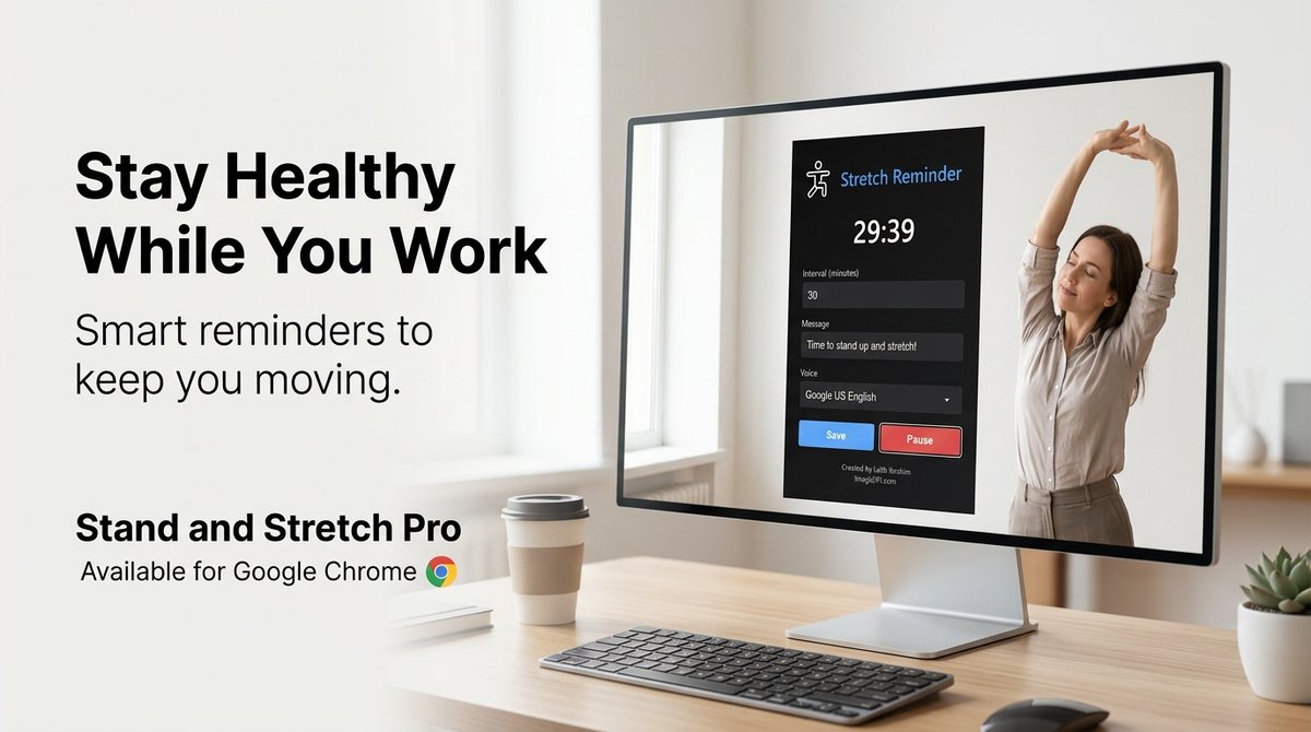 imageDpi's tweet image. I built "Stand and Stretch Pro", a FREE Chrome extension for people who sit at a computer all day.

Simple reminders to stand, stretch, and take care of your body. 🙂

Just search “Stand and Stretch Pro” in the Chrome Web Store.

#ProductivityTools #ChromeExtensions #WorkFromHome