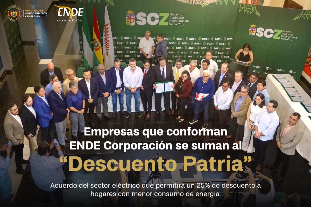 Empresas de ENDE Corporación se suman al "Descuento Patria" para beneficiar a hogares de menor consumo eléctrico

UNICOM ENDE / Santa Cruz, 20-03-2026.- Las empresas integrantes de ENDE Corporación suscribieron el Convenio de Alianza Estratégica "Descuento Patria", mediante el