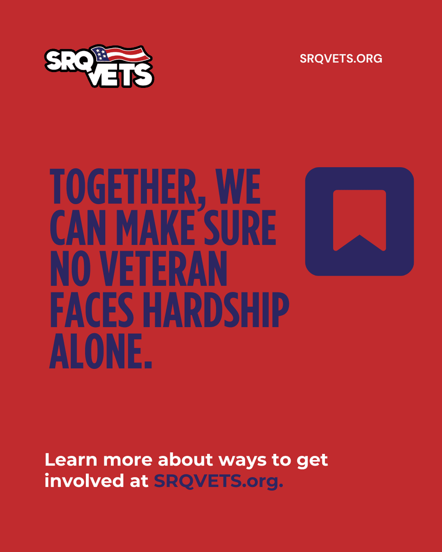 From emergency housing to transportation and resource navigation, SRQ Vets works to provide real solutions for local veterans.

Your generosity makes that possible.

➡️ Help us continue this work: srqvets.org/donate/

#SRQVets #CommunitySupport #VeteranCare #SarasotaVets