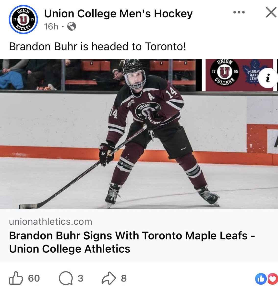 CougarForward19's tweet photo. Just wanted to Say a quick Congratulations to Brandon Buhr for Signing With the @MapleLeafs , Recently Myself and the Albany Cougars had an awesome opportunity to play in front of Brandon and the @UnionCollege Hockey Team at @mandtbankcenter https://t.co/Dj1AqpkLKf