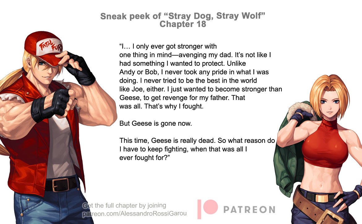 Kof_Lore's tweet photo. "Stray Dog, Stray Wolf" Chapter 18 English translation! Link below.

Snippet: "With Mary clinging to his right arm, Terry planted both feet firmly on the ground.
He somehow managed to withstand Mary’s swift maneuver, only because he was Terry Bogard." https://t.co/NqFmyEhkx4