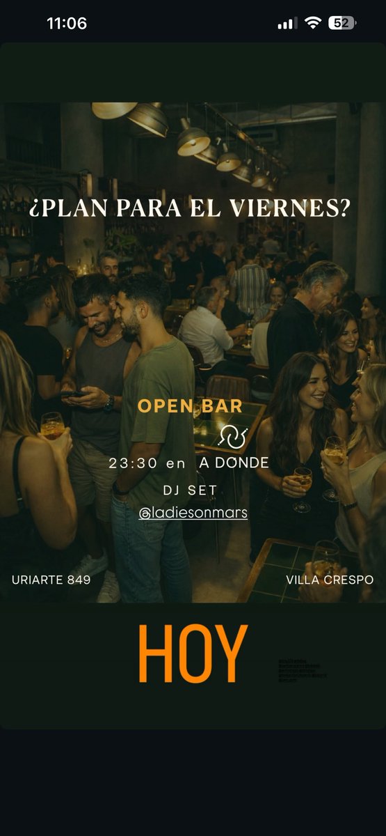 Hoy Viernes 20 – Open Bar en A Dónde 🍸
Este viernes armamos noche en la vereda + barra + DJ
para arrancar el finde como corresponde.
🎧 Ladies on Mars
🍹 Tragos, música y buena compañía
🔥 Plan ideal para después de comer
Arranca 23:30hs
📍 Uriarte 849 – Villa Crespo