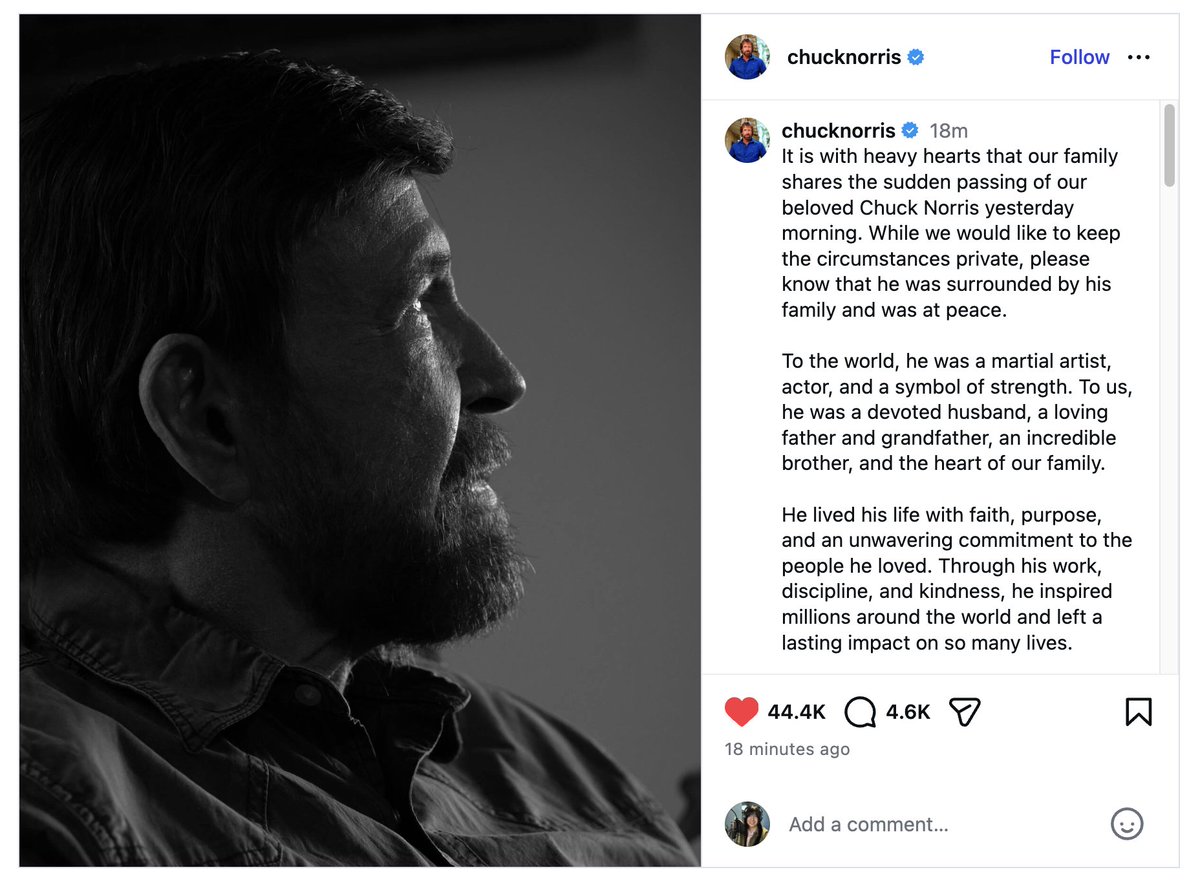 #ÚltimaHora 🚨 Chuck Norris, icónico actor de acción y protagonista de Walker, Texas Ranger , fallece a los 86 años.

Más información en aristeguinoticias.com