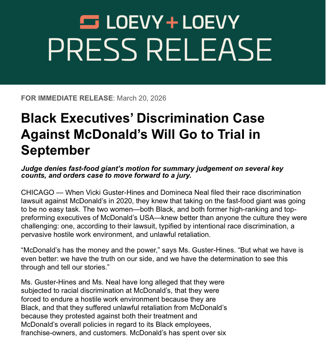 Chuck_Morris's tweet photo. Now the viral McDonald’s CEO gets to explain to a federal jury (in September) what he meant by telling Black Executives that “they deserved to have lower-ranking positions than the ones they actually held.” @McDonalds has a long history of racial discrimination. https://t.co/eAnqEwTAtW