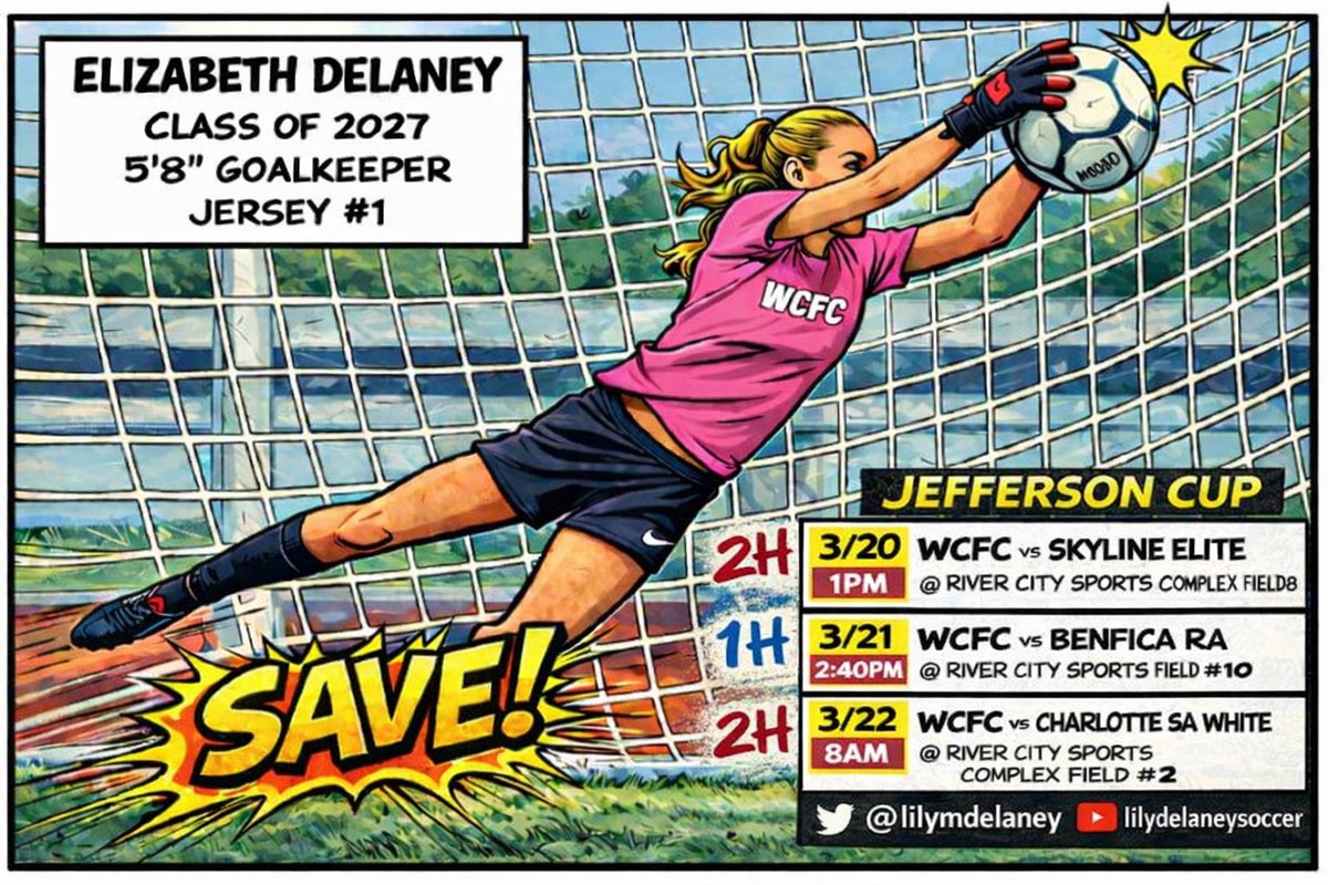 LilyMDelaney's tweet image. 🧤💥LINEUP LOCKED! 💥🧤
⬇️ see you at Jefferson Cup!
#goalkeeper #save @ImYouthSoccer @TheSoccerWire @PrepSoccer @TopDrawerSoccer @WorldClassFC1 @ECNLgirls @jeffersoncup @Sports_Recruits @NcsaSoccer #jeffcup