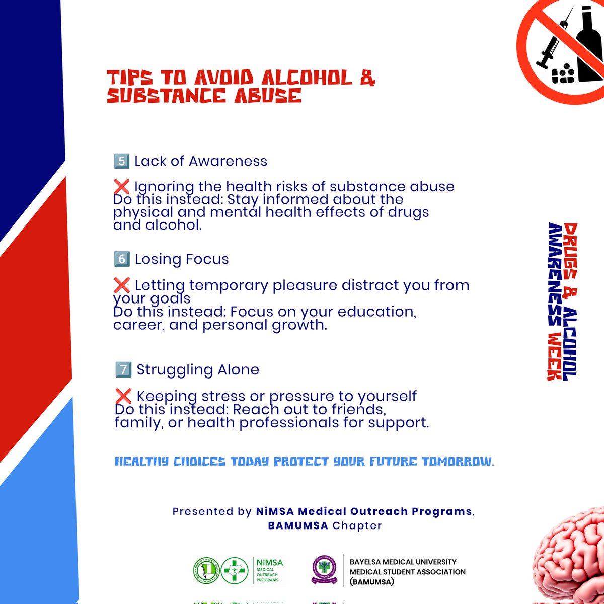 NiMSAMopBamumsa's tweet photo. Protect your future!
Making the right choices today can protect your health, your education, and your future.Avoid peer pressure, stay informed, and choose positive habits that support your wellbeing.
Say no to drugs.Say no to alcohol abuse.Choose a healthier and safer lifestyle. https://t.co/3m943jRgtG