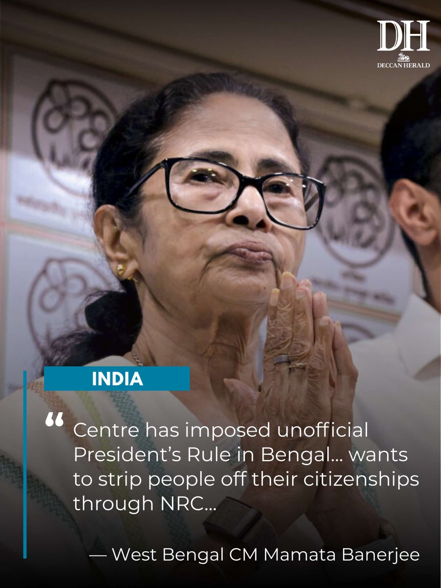 DeccanHerald's tweet image. #WestBengal | CM #MamataBanerjee on Friday alleged that the Centre is planning to "take away people's #citizenship" in the name of #NRC and Census after the upcoming assembly elections in the state.

#WestBengalAssemblyElection2026 #TMC #BJP #election

ow.ly/EEJ350YwPbi
