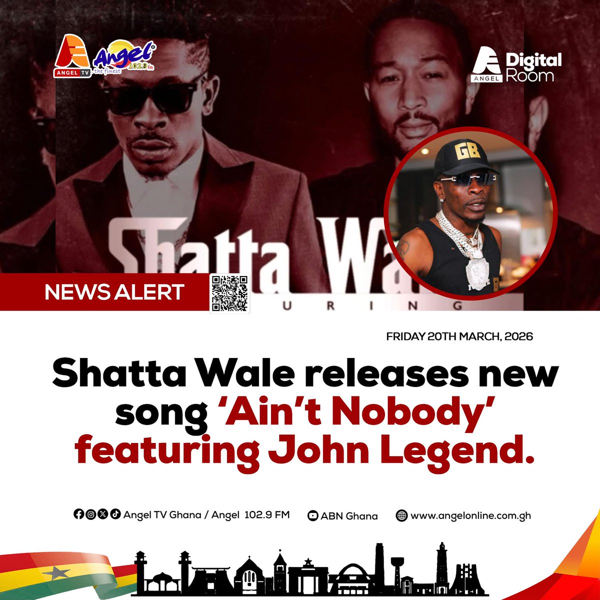 Angelfm1029's tweet photo. Shatta Wale releases new song 'Ain't Nobody" featuring John Legend.

#AngelFm #AngelTV
#QuickBulletin https://t.co/7MKFJ2rtzc