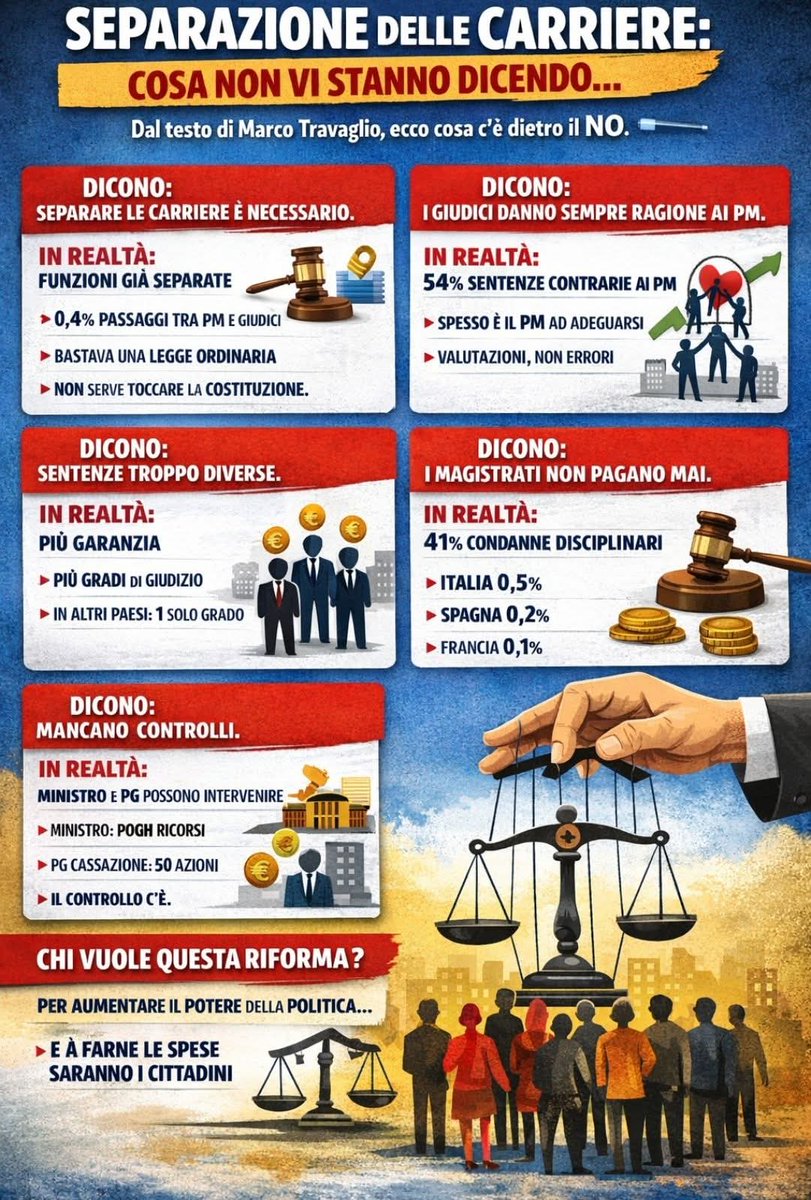 SEPARAZIONE DELLE CARRIERE: COSA NON VI STANNO DICENDO....

IN questi giorni ho letto un testo scritto da Marco Travaglio che entra nel merito del perché votare NO, confrontando punto per punto le dichiarazioni di chi spinge a votare SÌ....

ALLORA ho fatto una cosa semplice: