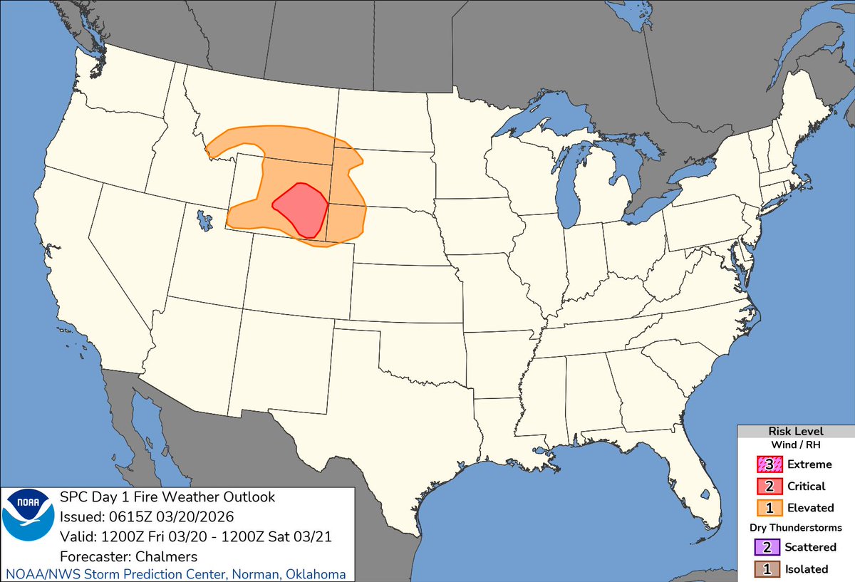 NWS's tweet photo. Elevated to critical fire weather conditions are in place for portions of the northern and
central High Plains today and Saturday.

Dry weather conditions with very low relative humidity values and strong downsloping winds off the Rockies will lead to extreme fire behavior and rapid fire spread.

Conditions are expected to briefly improve on Sunday, but poor conditions will return early next week.

Check the latest forecast at https://t.co/qk3BcVP5M8.