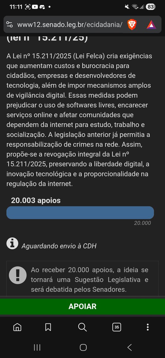 davuwards11's tweet photo. finalmente conseguimos em menos de 5 dias chegamos a 20000 de votos!, agora essa ideia vai virar sugestão legislativa, isso não significa que automaticamente vai acabar mas tem continuar reclamando pra mudar essa lei felca https://t.co/9XwDUGv2Mk