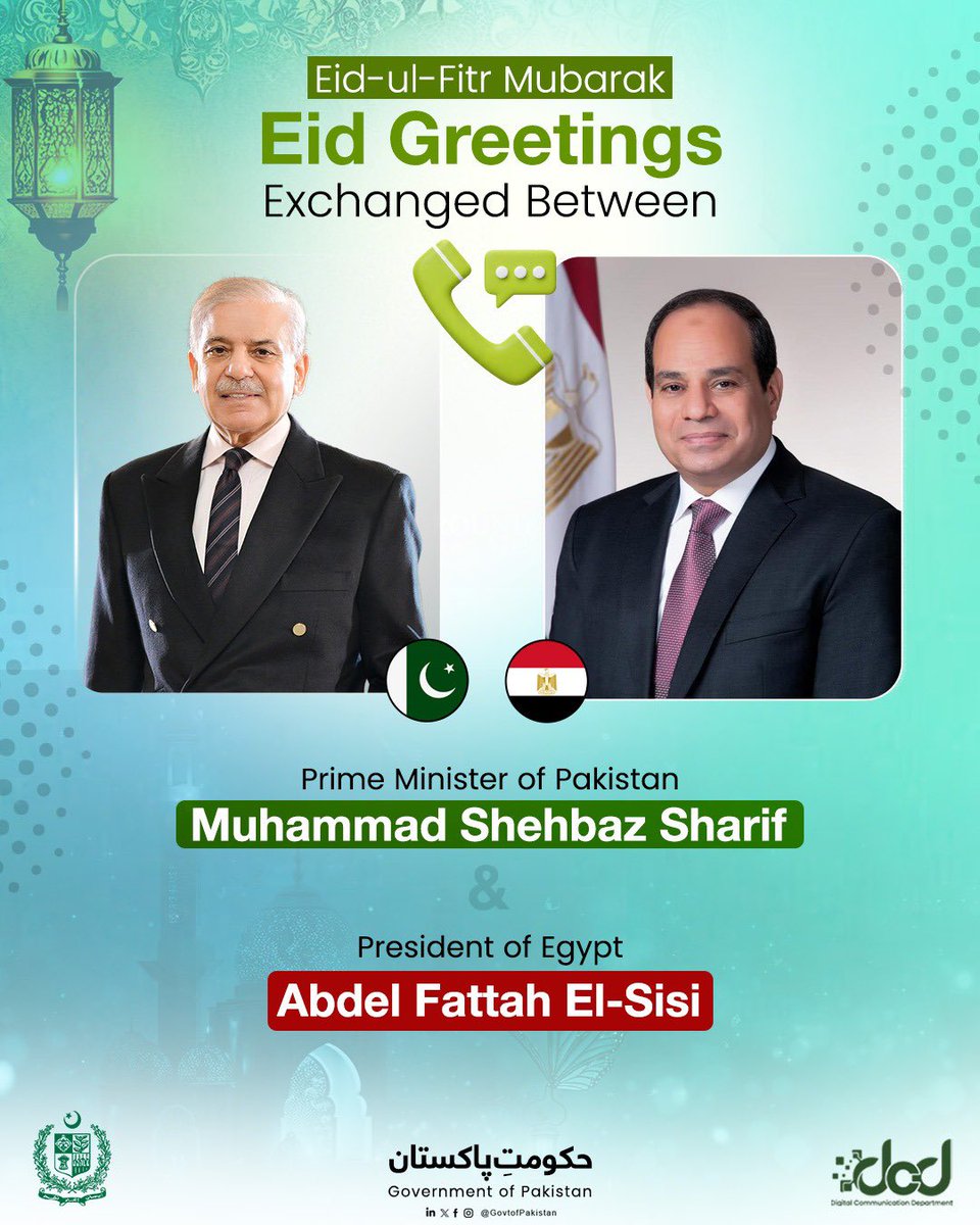 Pakistan-Egypt Leaders Discuss Eid Greetings, Bilateral Ties, and Gulf De-Escalation