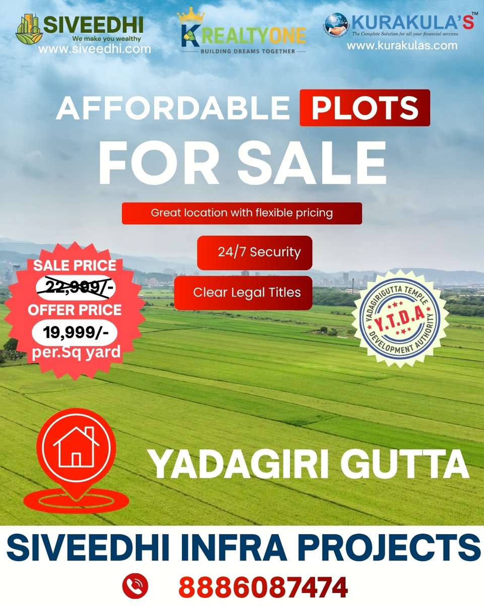 krealtyone's tweet image. Plots for Sale in Yadagiri Gutta!💰 Only ₹19,999/sq.yd ₹22,999✅ YTDA Approved ✅ 24/7 Security ✅ Clear Legal Titles
📞 8886087474 🌐 siveedhi.com
#PlotsForSale #YadagiriGutta #HyderabadRealEstate #SiveedhiInfra