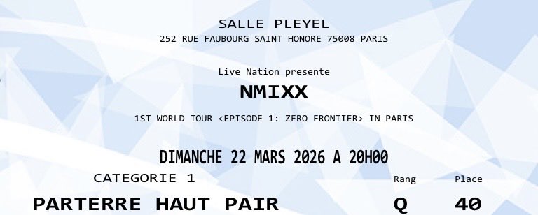 Kimberly_Tex's tweet photo. Hello ! Je vends une place pour le concert de NMIXX ce dimanche 22 mars à la salle Pleyel (Paris) au prix d’achat : 113€ 😊 #nmixx https://t.co/WNDOAMGnhc