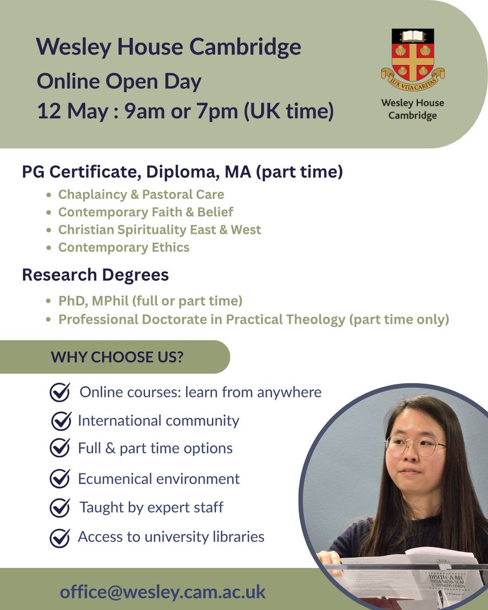 wesleyhousecam's tweet photo. Are you interested in postgraduate study? Our online open day on 12th May is a chance to ask about our courses. We are running two sessions: For more details &amp; to register: https://t.co/FcMDsNPw6q https://t.co/4I134NZMJT