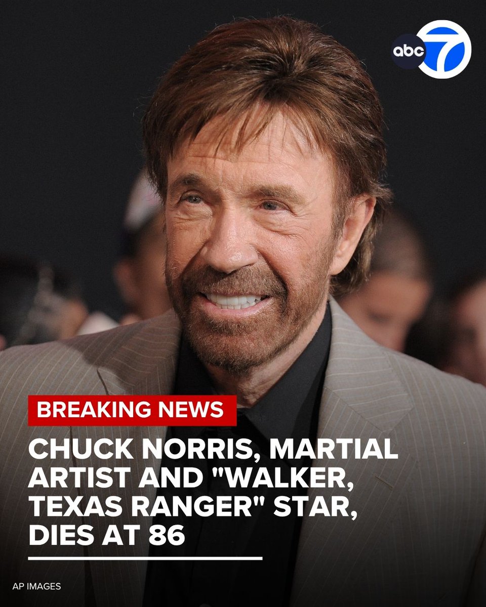 ABC7's tweet photo. Chuck Norris, the martial arts grandmaster and action star whose roles in “Walker, Texas Ranger” and other television shows and movies made him an iconic tough guy — sparking internet parodies and adoration from presidents — has died at 86. https://t.co/8q8UEj4zha https://t.co/JhVnOfxhL9