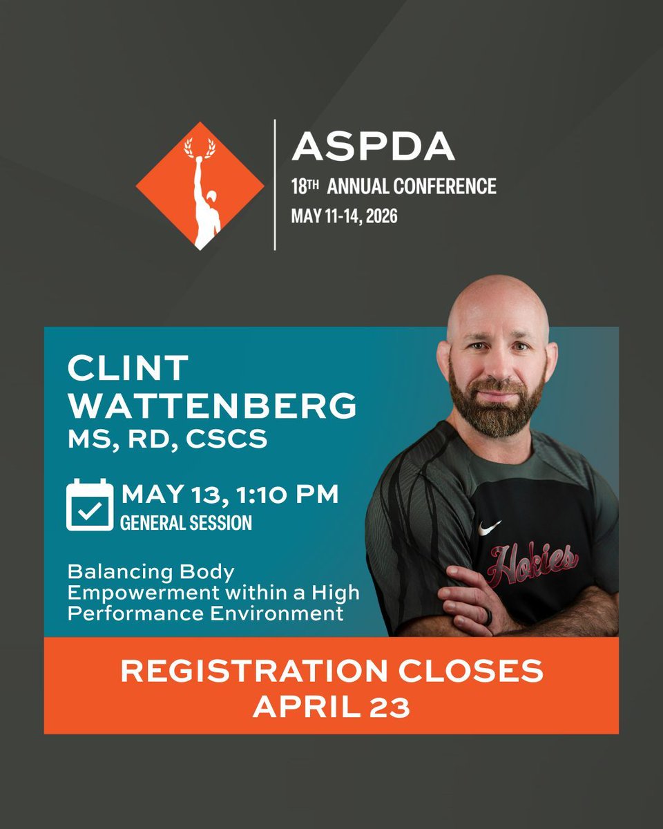 fuelingvictory's tweet image. Today's #SpeakerSpotlight is Clint Wattenberg who is a the Associate AD for Sports Nutrition at Virginia Tech. Click the link below to register for the 18th Annual Conference so you don't miss out on his session! buff.ly/G9pXAyi 

#ASPDA2026 #HighPerformance