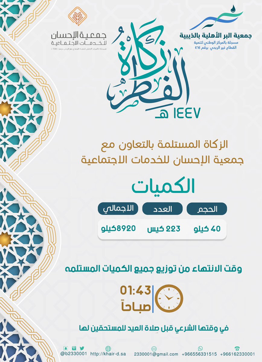 b2330001's tweet photo. تم بفضل الله في #جمعية_البر_الأهلية_بالذيبية استلام وتوزيع #زكاة_الفطر لعام ١٤٤٧هـ بالتعاون مع #جمعية_الإحسان_للخدمات_الاجتماعية بإجمالي بلغ ٨٩٢٠ كيلو، وقد أُديت لمستحقيها في وقتها الشرعي قبل صلاة العيد

نسأل الله أن يتقبل من المزكين ويجعل ما قدموه في موازين حسناتهم

@Ehsan1424 https://t.co/ZZiMJGlf44
