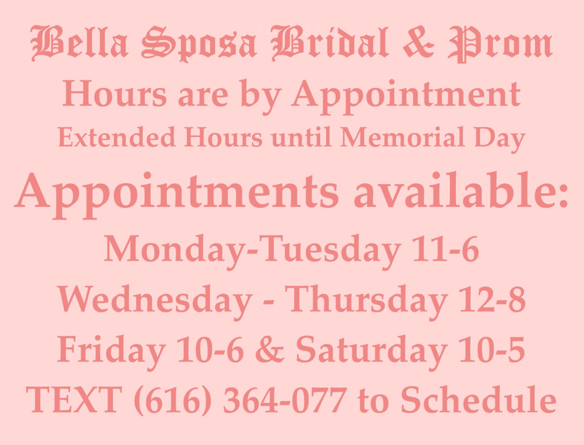 BellaSposaBride's tweet photo. Extended Hours!!
To help our busy Prom Princesses': We have added extended hours available until Memorial day weekend.
Make your personal appointment with the dress doctor to make YOUR dream come true! https://t.co/XB4PLmhhIw