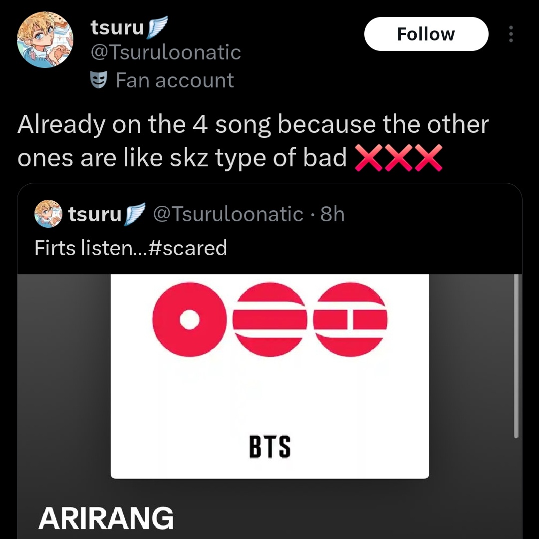 hanloverr8's tweet photo. miserable losers always thinking of skz when wanting to drag another group's music. Kpop stans don't know skz at all and just say whatever bullshit to get a hit tweet and it's annoying 🫩 https://t.co/fKFBMdCWSU