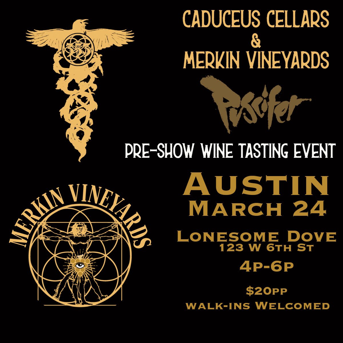caduceuscellars's tweet photo. This Saturday (3/21), come see us at The Theodore in Phoenix. On Tuesday, (3/24) we will be at Lonesome Dove in Austin. Dallas, we’ll see you on Wednesday (3/25) at Las Almas Rotas. #puscifer #tastingtakeover https://t.co/k4fyDGK6sB