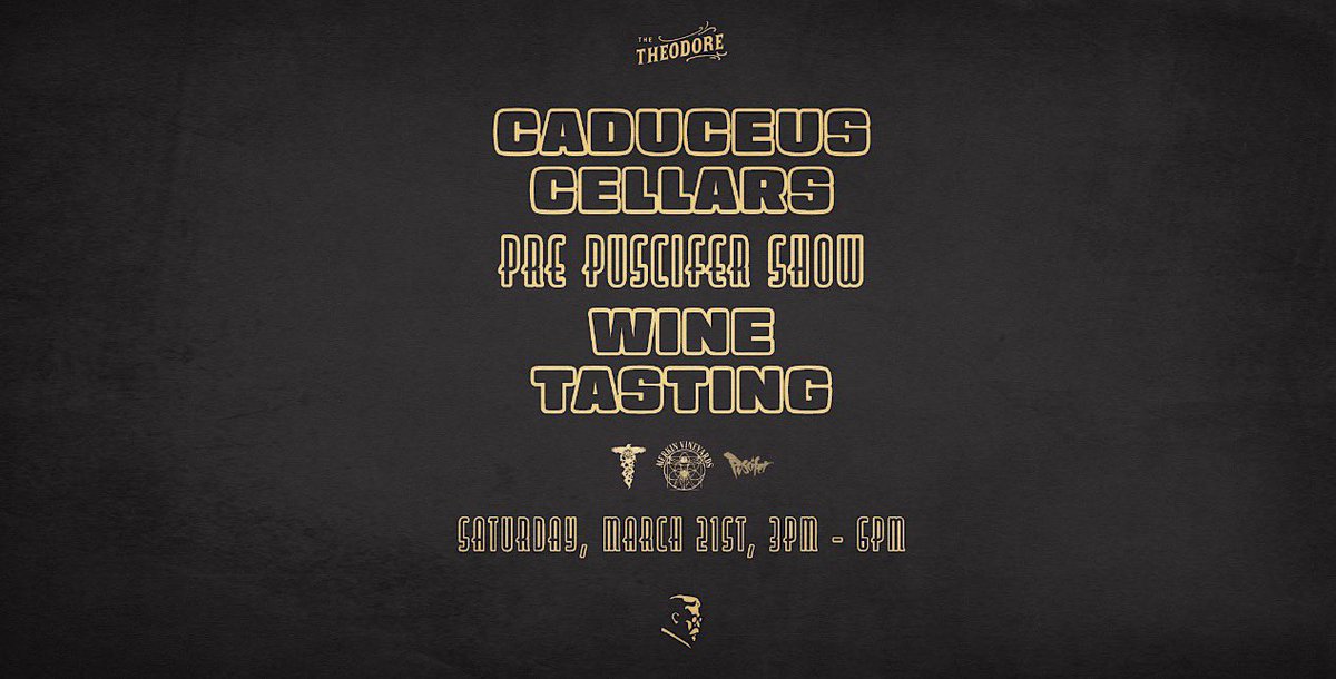 caduceuscellars's tweet photo. This Saturday (3/21), come see us at The Theodore in Phoenix. On Tuesday, (3/24) we will be at Lonesome Dove in Austin. Dallas, we’ll see you on Wednesday (3/25) at Las Almas Rotas. #puscifer #tastingtakeover https://t.co/k4fyDGK6sB